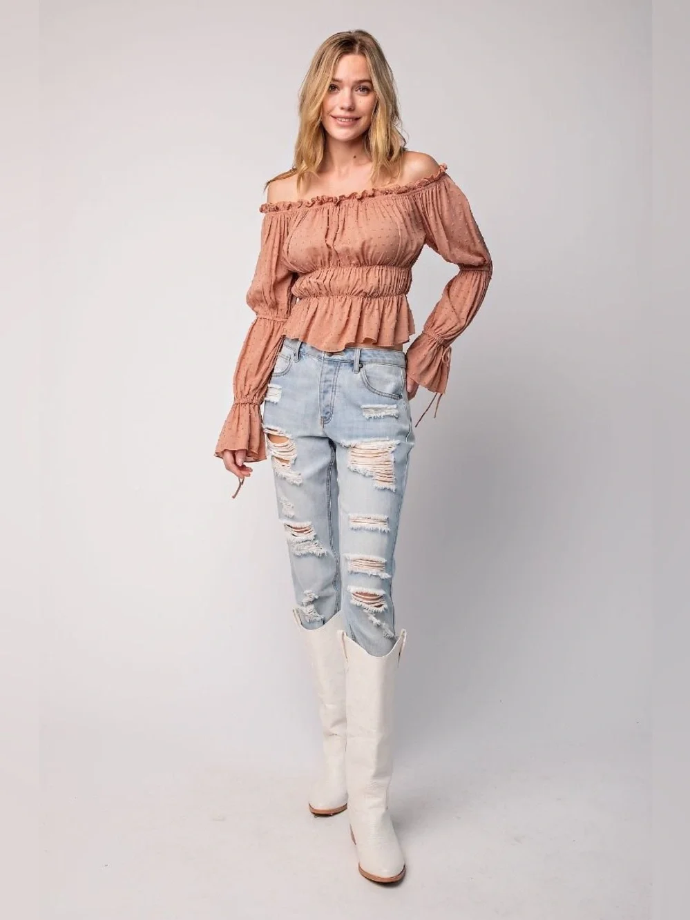 Easel | Ella Romantic Swiss Dot Off The Shoulder Blouse Bohemian Taupe New Small